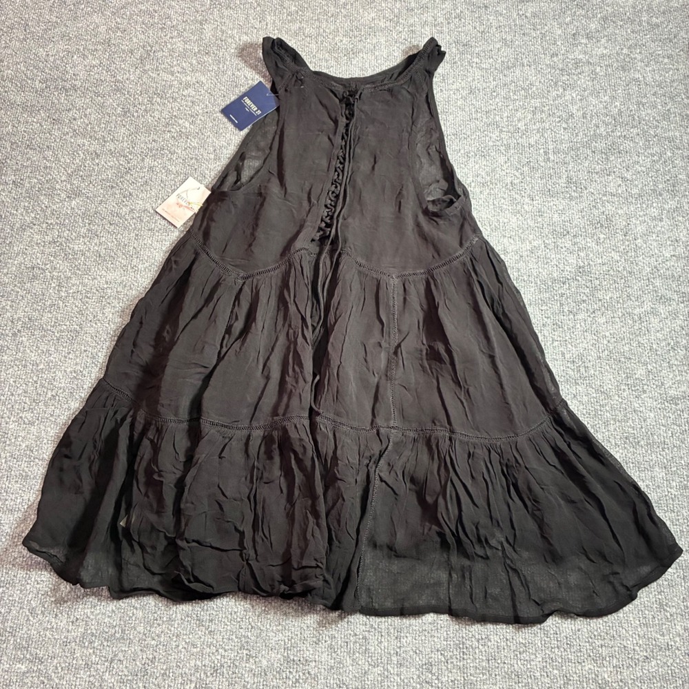 Forever 21 Mini Dress Womens L Black Tiered Babydoll Lace Up Back NEW